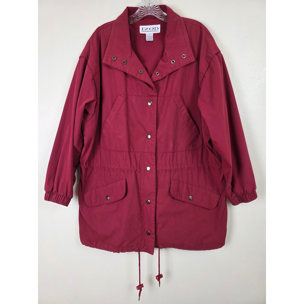IZOD Red Snap Button "Barn Chore" Jacket Drawstring Waist 4 Pockets Lightweight